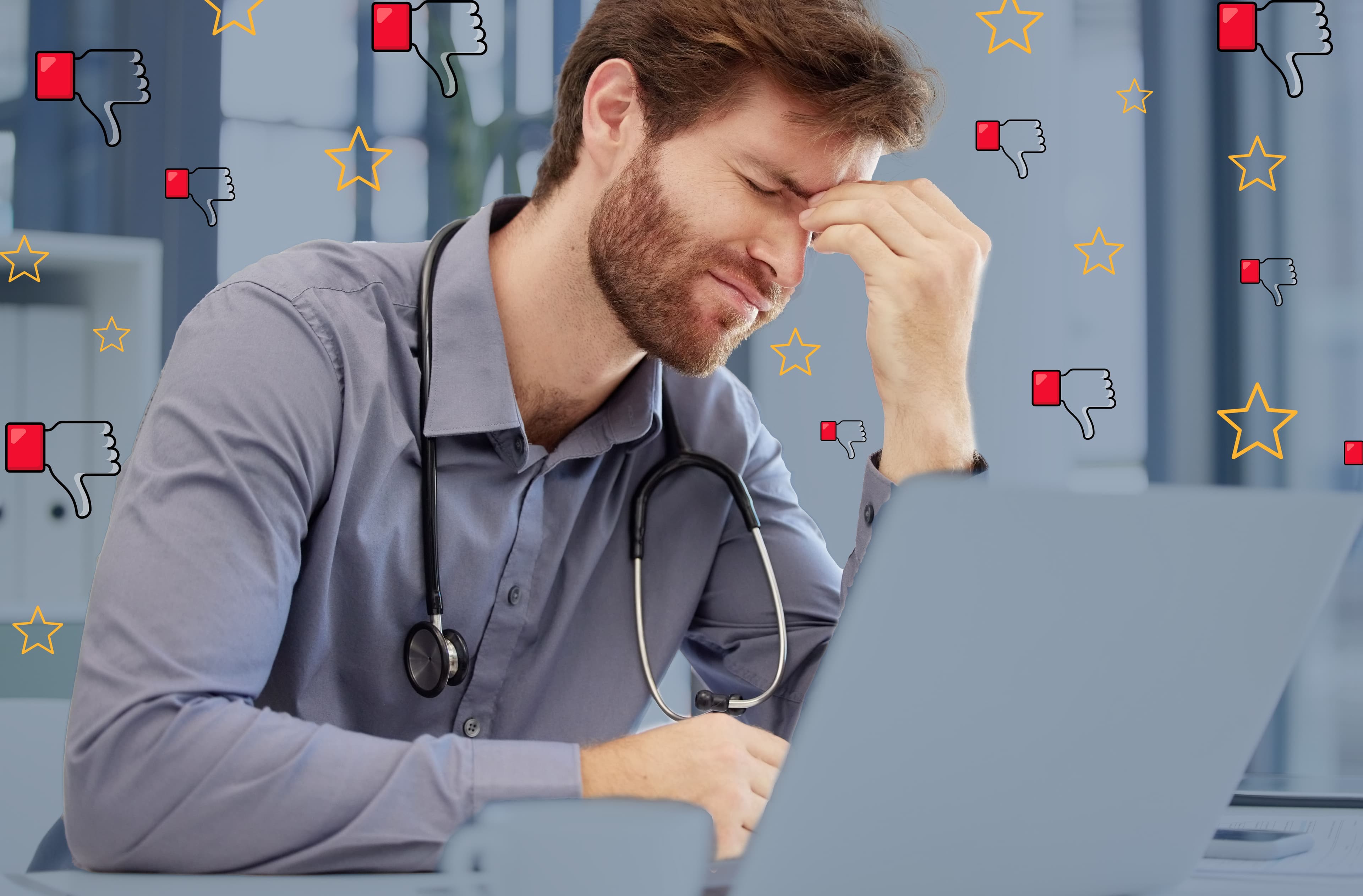 Frustrierter Arzt vor einem Laptop, umgeben von negativen Bewertungen und Sternebewertungen. Das Bild symbolisiert die Herausforderung von Ärzten, unerwünschte Bewertungen und Profile auf Plattformen wie Jameda zu managen.